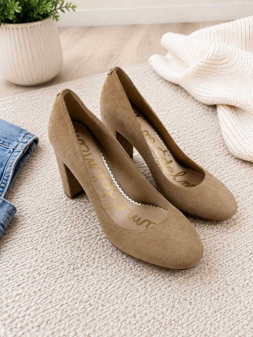 Sam Edelman Stillson Suede Block Heel Pumps Beige Nude Size 6 Women’s